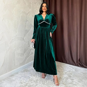 Women Elegant Retro V-Neck Long Sleeve Velvet Maxi Dress Solid Color High Waist A-Line Long Party Dress