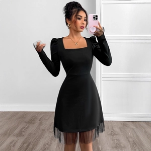 Women Square Neck Puff Long Sleeve Mini Dress Mesh Patchwork High Waist A-Line Elegant Party Dress Autumn Fashion Robe