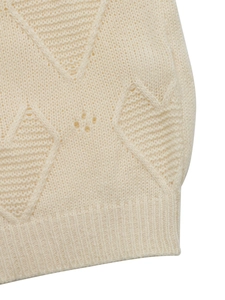 Detailed close-up of cream knit sweater with textured heart patterns and ribbed hem finish