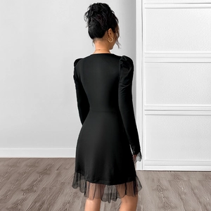 Elegant black puff long sleeve mesh patchwork dress with high waist and A-line silhouette
