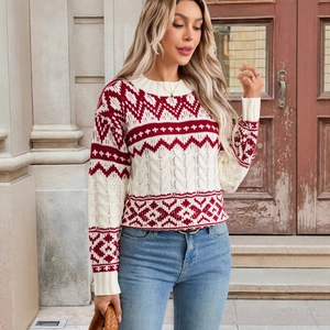 Vintage Christmas jacquard knit sweater with red Fair Isle pattern and cable knit details