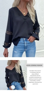 Detail of V-neck women's black long sleeve shirt with hollow lace patchwork and chic stitching