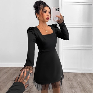 Elegant black square neck mini dress with puff long sleeves and mesh patchwork trim