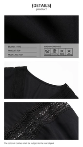 Close-up of black V-neck top featuring intricate lace hollow design and textured fabric