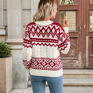 Women's vintage Christmas knit sweater with Nordic geometric patterns and ribbed cuffs