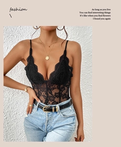 Detail of sexy deep V-neck black floral lace bodysuit with delicate thin straps