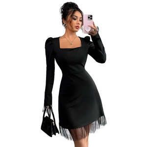 Elegant black square neck dress with puff long sleeves and mesh patchwork A-line hem
