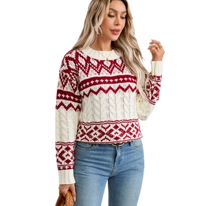 Women's red and white Fair Isle knit sweater with festive jacquard patterns and cable knit