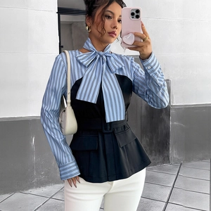 Elegant Striped Patchwork Layered Style Shirt Top With Bow Tie Collar And Belt For Women Long Sleeve Blouse Office Wear