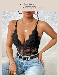 Close-up of intricate floral lace texture and deep V-neckline on a black bodysuit
