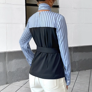 Elegant striped patchwork long sleeve shirt with waist belt and matching neck accessory