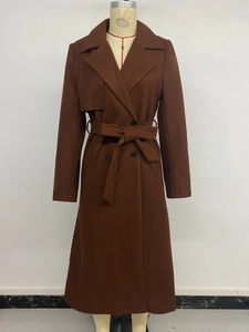 Dettaglio della cintura annodata e dei bottoni doppiopetto su questo lungo cappotto di lana
