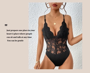 Detail of elegant black lace bodysuit featuring deep V-neck and floral sheer patterns