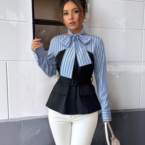 Elegant striped patchwork long sleeve blouse with bow neck and belted black waist