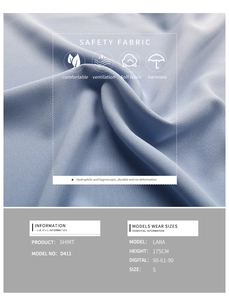 Detail of light blue shirt fabric texture with professional product specifications chart