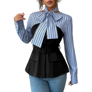 Elegant striped patchwork long sleeve shirt with large bow tie and peplum waist detail