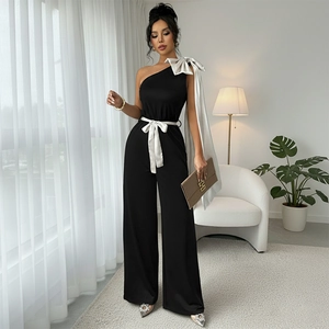 Combinaison Élégante Femmes Une Épaule Nœud Contraste Jambe Large Sans Manches Ceinture Romper Pour Fête Soirée Banquet Combinaison Formelle