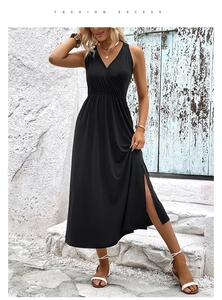 Close-up of black V-neck summer maxi dress featuring high side slit and soft fabric detail