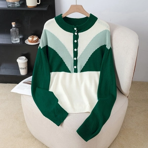 Women Colorblock Knit Sweater V-Shape Patchwork Pullover Loose Long Sleeve Top With Buttons 100% Acrylic Soft Knitwear