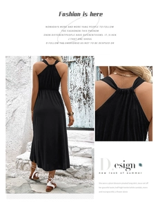 Detail of black halter maxi dress showing backless design and neckline features