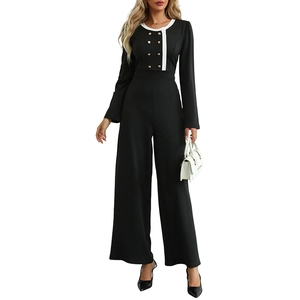 Elegant long sleeve wide-leg jumpsuit with contrast trim and double-breasted buttons