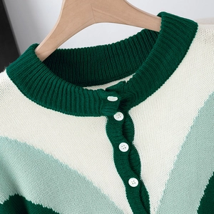 Relaxed color-block knit sweater for women with V-shaped green and cream stripes