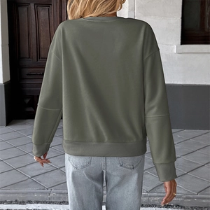 Back view of olive green long-sleeve sweatshirt with drop shoulder and seam details