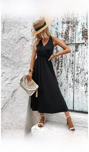 Chic black sleeveless V-neck midi dress featuring a slim waist and casual summer holiday style