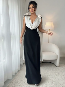 Detailed view of the V-neck bodice with white floral 3D appliqués and cape sleeves