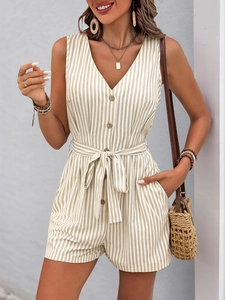 Detail of V-neck sleeveless romper with beige stripes and functional wooden buttons