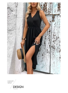 Detailed view of black V-neck summer dress with high split and cross wrap waist design