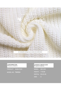 Macro shot of white knit sweater fabric texture with product specifications and model data
