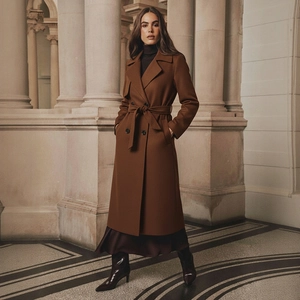 Cappotto di Lana Extra Lungo Elegante da Donna Doppio Petto Con Cintura Tinta Unita Collo a Giacca Manica Lunga Giacca Calda Autunno Inverno