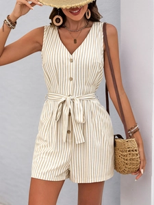 Detail view of beige striped v-neck sleeveless romper with button front and waist tie