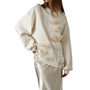 Women's cream oversized sweatshirt with 3D satin tulip floral appliques and drop shoulders