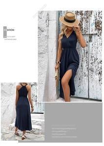 Detail of V-neck sleeveless maxi dress with side slit and elastic waist design