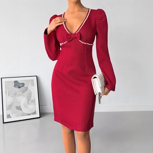 Robe Courte Élégante Femme Rouge Manches Longues Col V Avec Künstliche Perles Et Nœud Texture Tweed Vintage Robe De Soirée Moulante