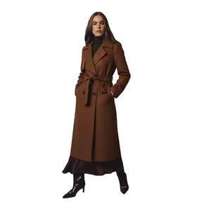 Elegante cappotto lungo marrone scuro in lana con bottoni doppiopetto e cintura