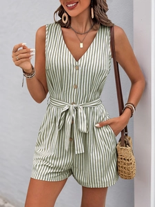 Detailed view of striped green romper with V-neck, wooden buttons and tie-waist