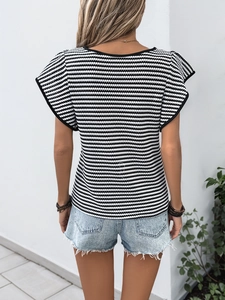 Women's black and white striped t-shirt with ruffle sleeves and knit texture back view
