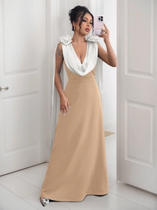 Elegant V-neck long evening dress with white rose shoulder details and draped bodice