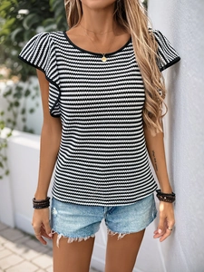 Women's black and white striped knit t-shirt with ruffle sleeves and a round neckline
