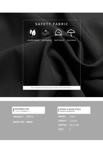 Détail du tissu noir doux et respirant pour robe col en V avec mesures du modèle