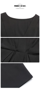 Détail du col en V, de la taille plissée et de l'ourlet sur une robe d'été noire
