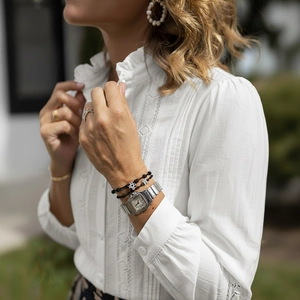 Elegant white long sleeve shirt with ruffle stand collar and lace embroidery details