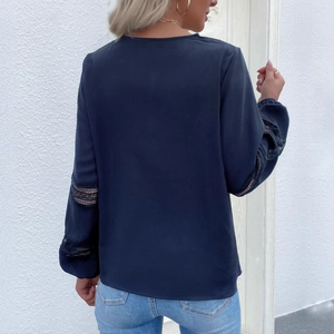 Navy blue V-neck long sleeve blouse with lace hollow-out stitching and loose fit