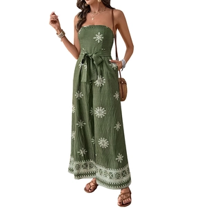 Boho strapless wide-leg jumpsuit with floral print and waist tie for summer vacation