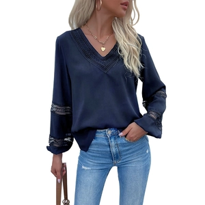 Navy blue V-neck long sleeve blouse with lace hollow design and elegant drape