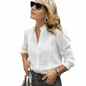 Elegant white lace long sleeve blouse with embroidery hollow details and stand collar
