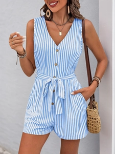 Detail of blue and white striped sleeveless romper with V-neck and waist tie design